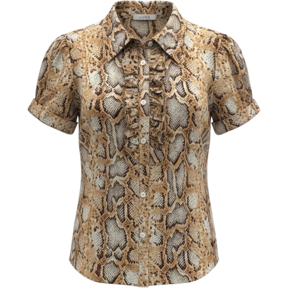 Cache Luxe 100% Silk Blouse 10 Brown Snakeskin Ruffle Short Sleeve Top